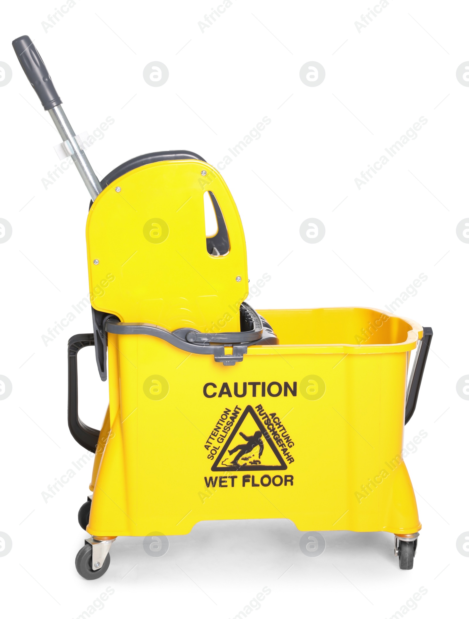 Photo of Mop bucket for cleaning supplies on white background