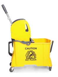 Photo of Mop bucket for cleaning supplies on white background