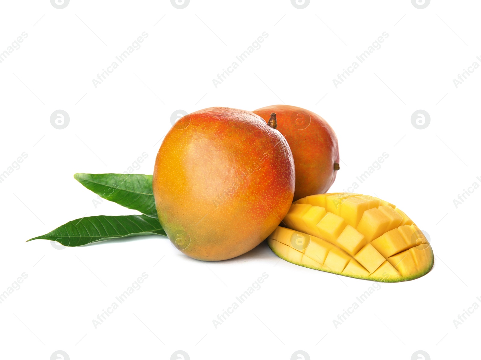 Photo of Delicious ripe mangoes on white background. Tropical fruit