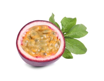 Photo of Half of ripe passion fruit with leaf isolated on white