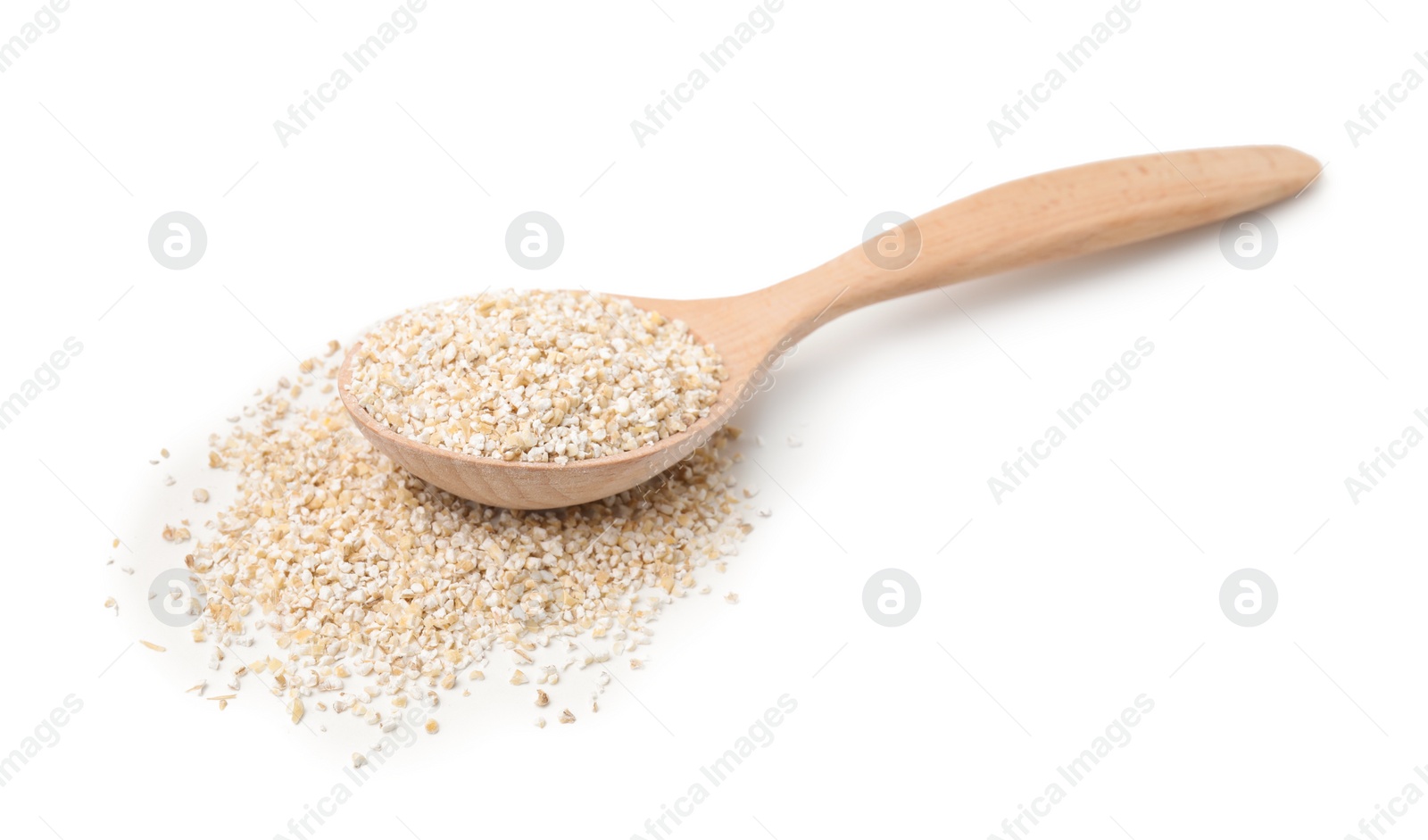 Photo of Spoon with raw barley groats isolated on white