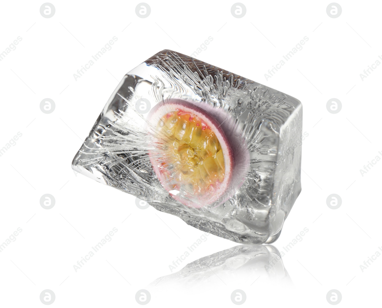 Image of Delicious passion fruit frozen in ice isolated on white 