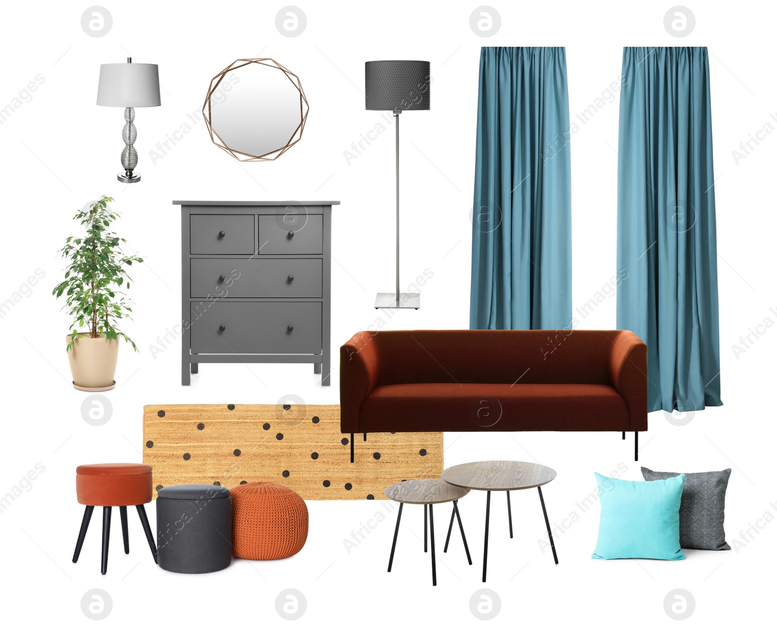 Image of Stylish interior design. Different decorative elements and furniture on white background. Mood board collage