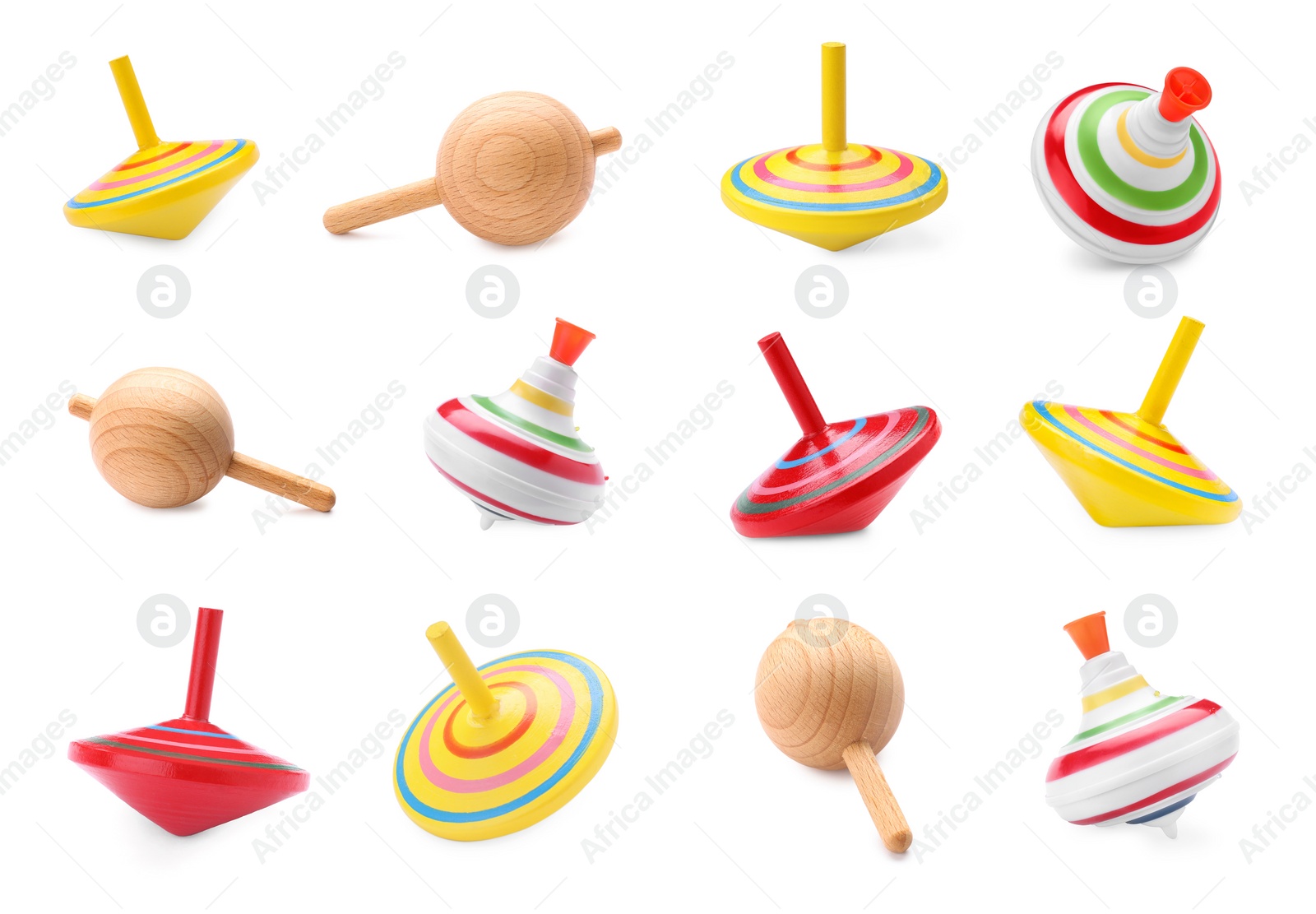 Image of Different spinning tops isolated on white. Toy whirligig