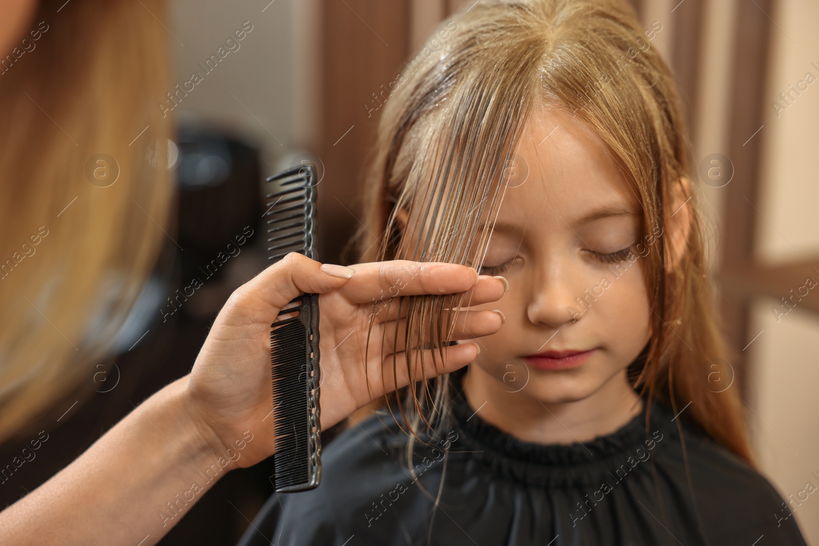 Photo of Professional hairdresser working with girl in beauty salon, closeup