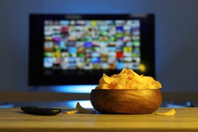 Bowl of chips and TV remote control on table indoors