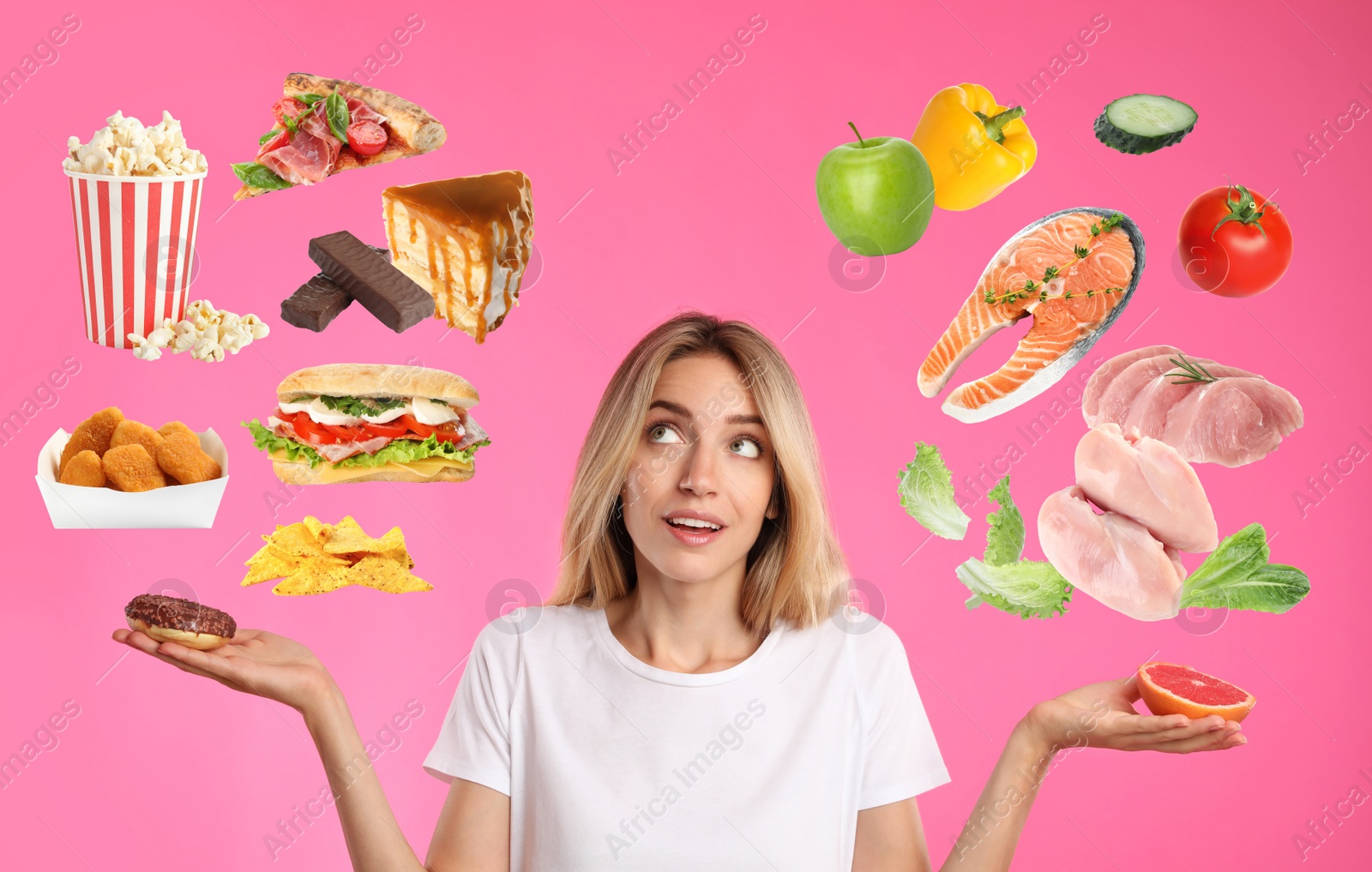 Image of Doubtful woman choosing between between healthy and unhealthy food on pink background