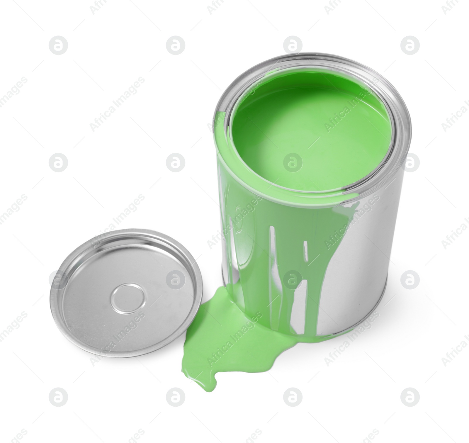 Photo of Can of light green paint isolated on white