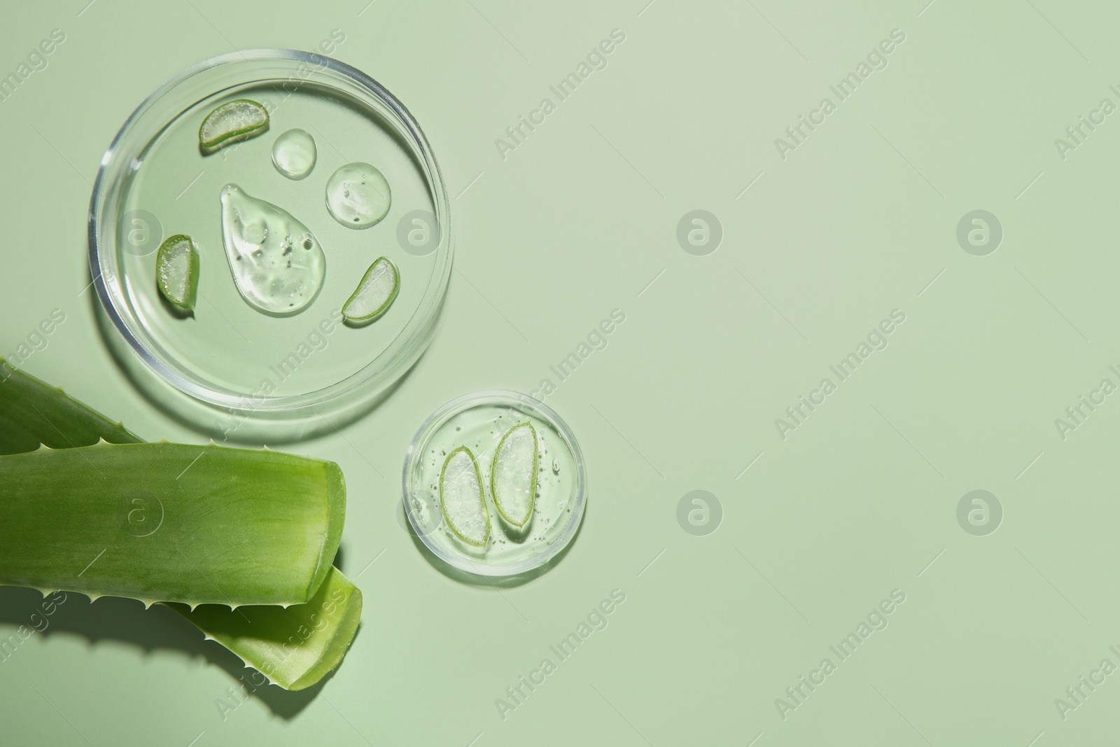 Photo of Cut aloe vera and drops of cosmetic gel on light green background, flat lay. Space for text