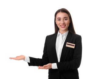 Photo of Portrait of happy young receptionist in uniform on white background