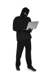 Thief in balaclava with laptop on white background