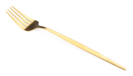 Photo of One shiny golden fork isolated on white