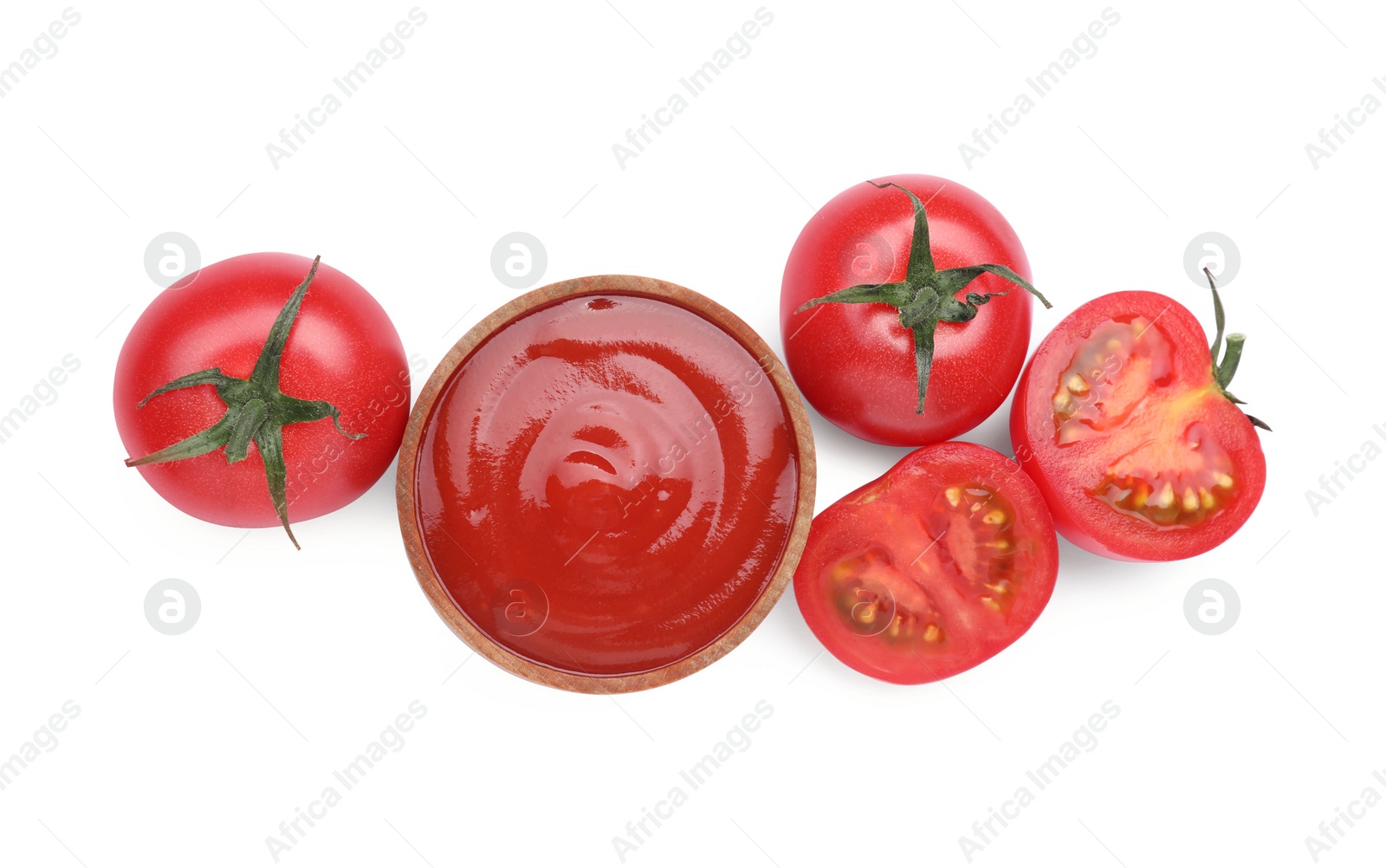 Bowl with tasty ketchup and fresh tomatoes isolated on white, top view Photo of Bowl with tasty ketchup and fresh tomatoes isolated on white, top view