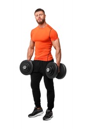 Photo of Young bodybuilder exercising with dumbbells on white background