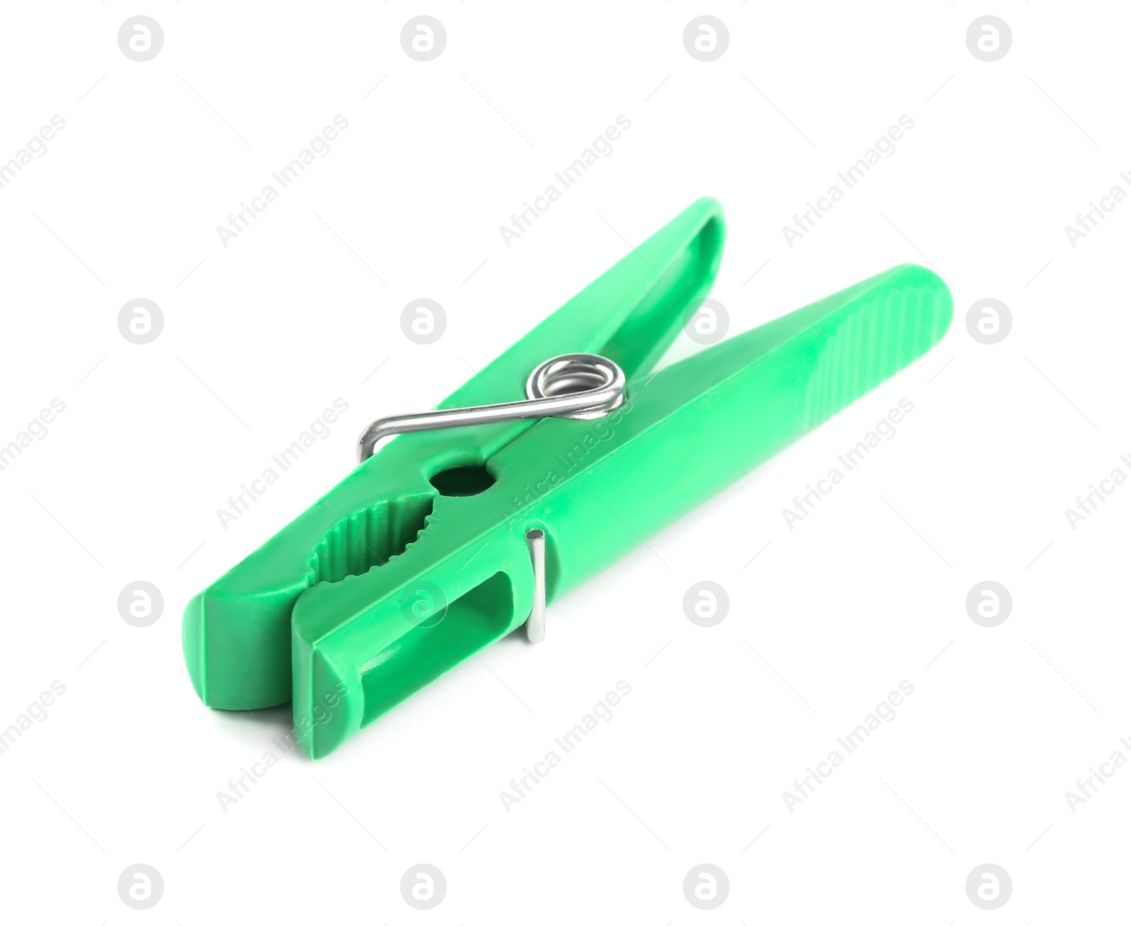 Photo of Bright green plastic clothespin isolated on white