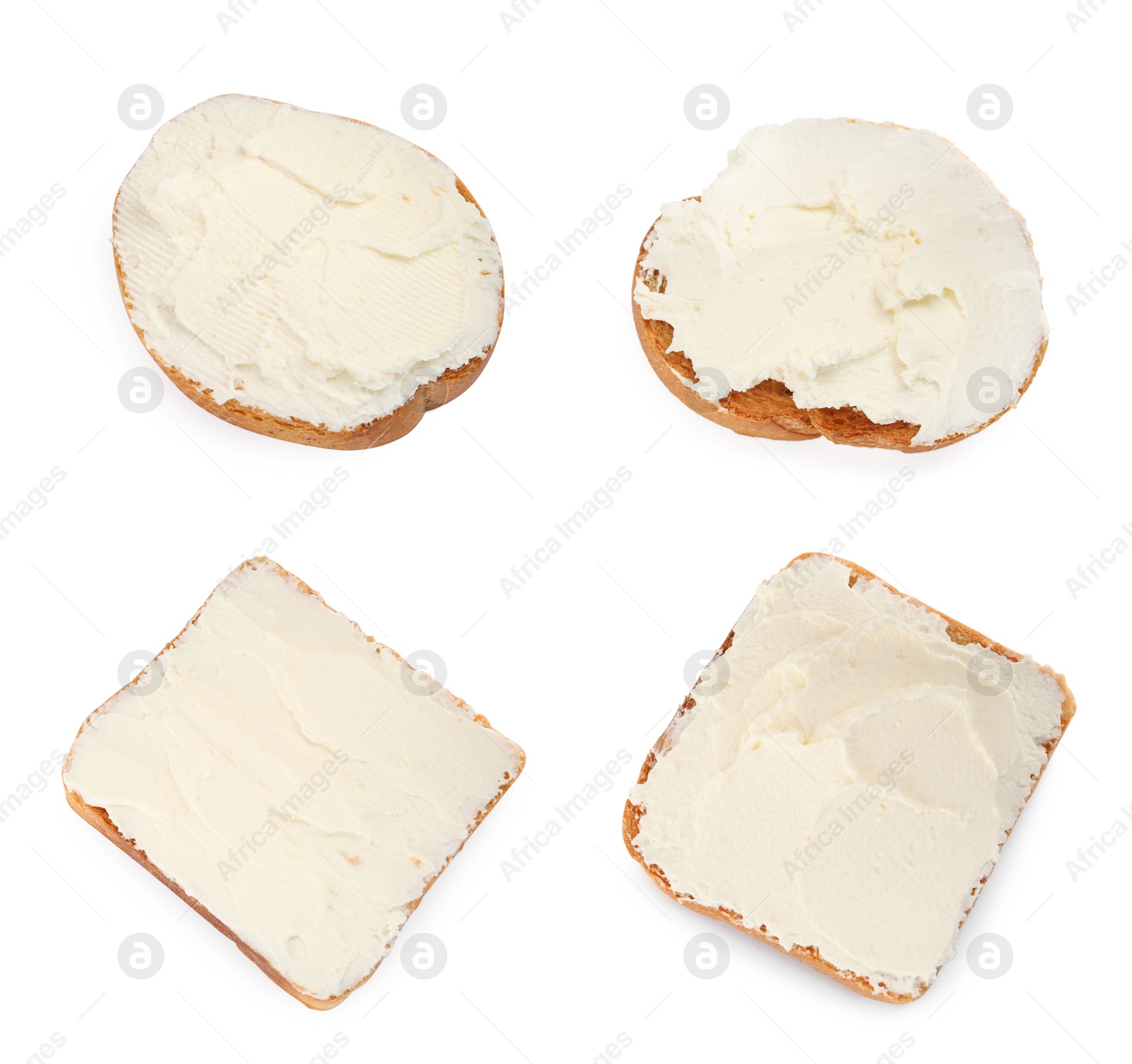 Image of Bread with cream cheese on white background, collage 