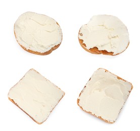 Bread with cream cheese on white background, collage 