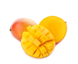 Whole and cut ripe mangoes isolated on white. Exotic fruit