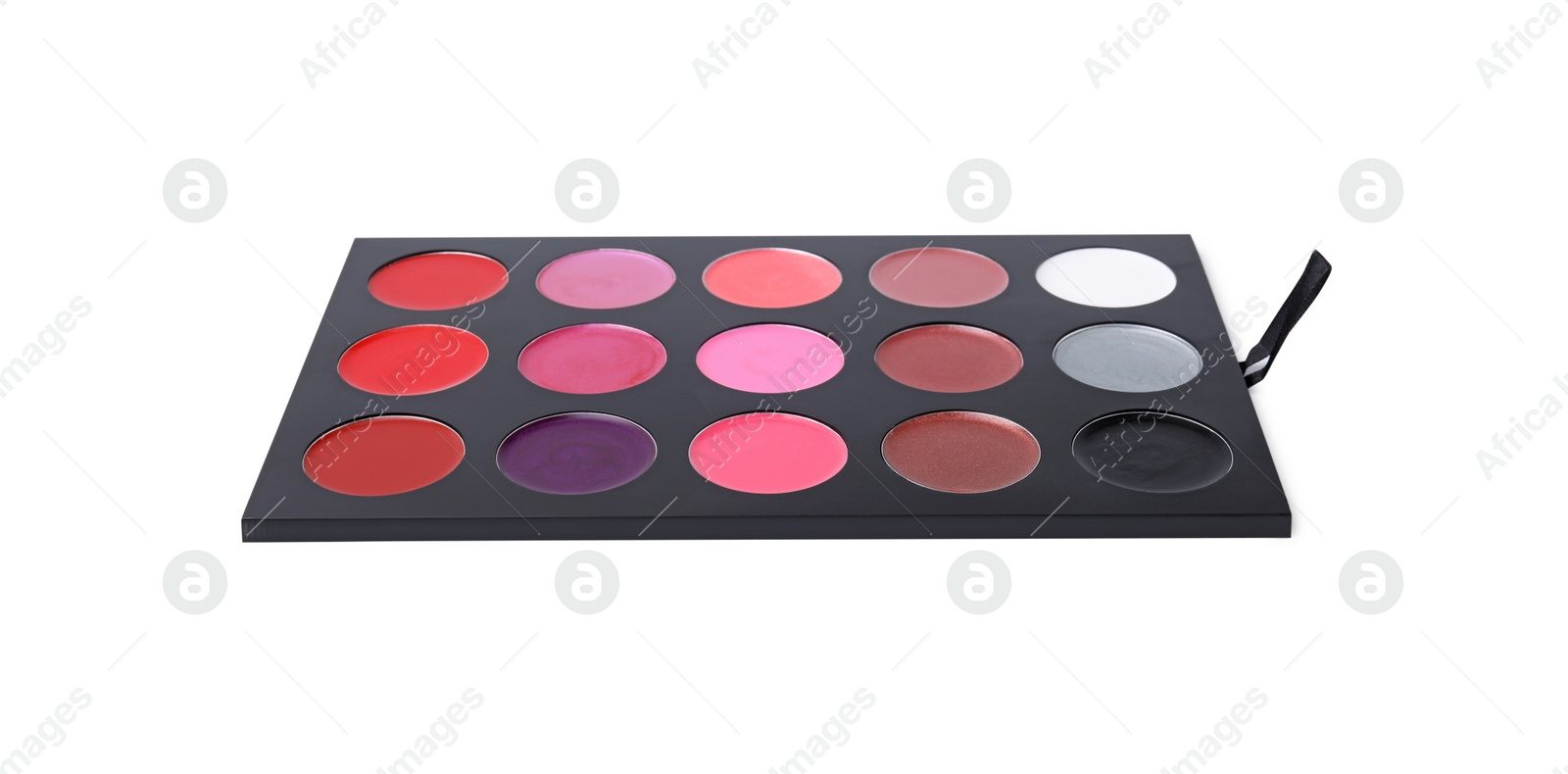 Photo of Cream lipstick palette isolated on white. Professional cosmetic product