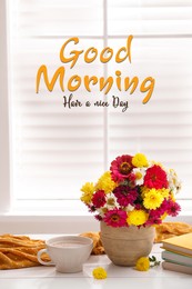 Image of Good morning! Cup of fresh coffee, books and beautiful bouquet on white wooden table near window