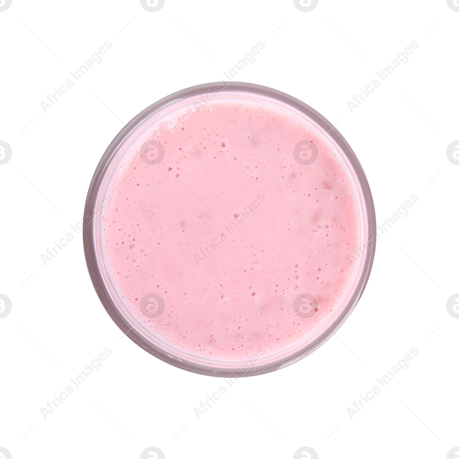 Photo of Tasty raspberry smoothie in glass isolated on white, top view