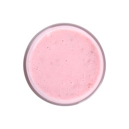 Tasty raspberry smoothie in glass isolated on white, top view