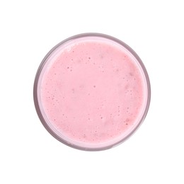 Photo of Tasty raspberry smoothie in glass isolated on white, top view