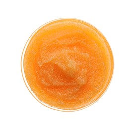 Photo of Bowl of orange body scrub isolated on white, top view