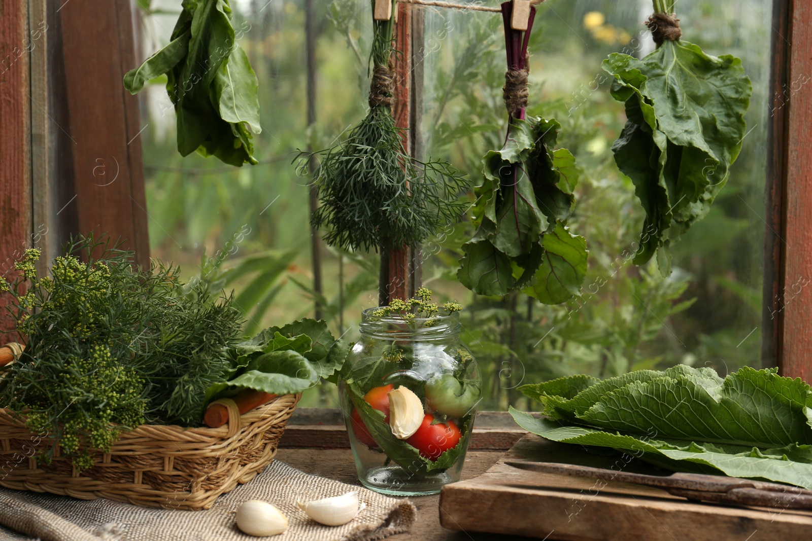 Photo of Bunches of fresh green herbs over table with ingredients indoors