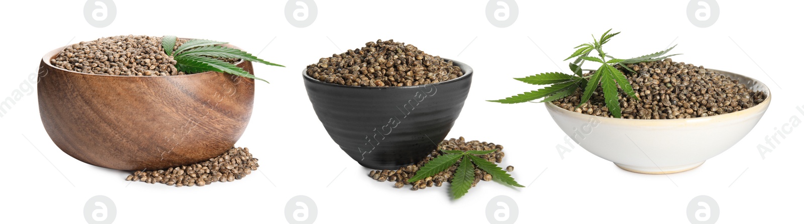 Image of Set with hemp seeds on white background. Banner design