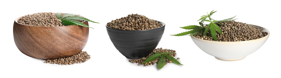 Set with hemp seeds on white background. Banner design