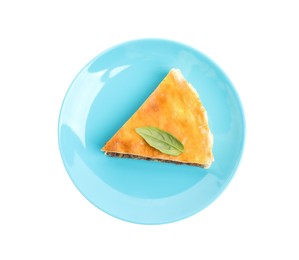 Photo of Piece of delicious pie with minced meat and basil isolated on white, top view