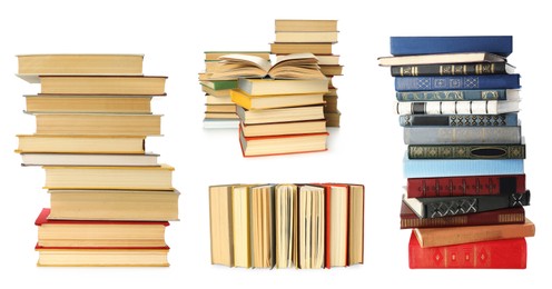 Image of Collection of different hardcover books on white background. Banner design