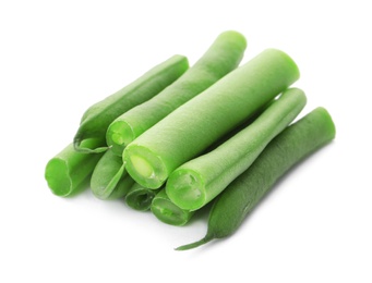 Photo of Delicious fresh green beans on white background