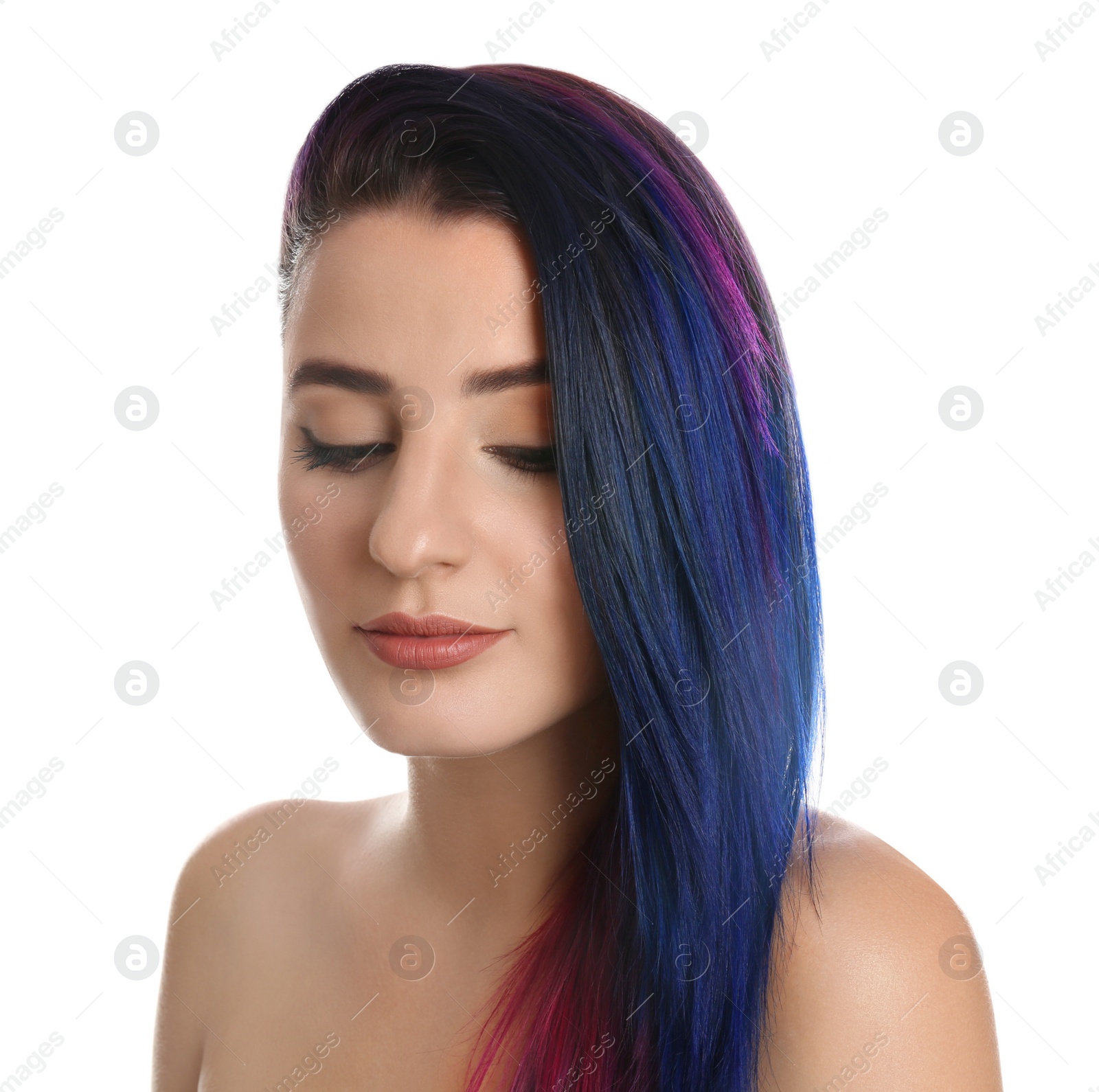 Photo of Young woman with bright dyed hair on white background