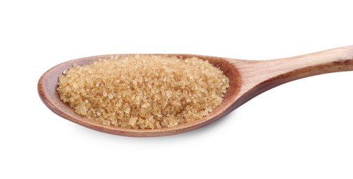 Photo of Wooden spoon with brown sugar isolated on white, closeup