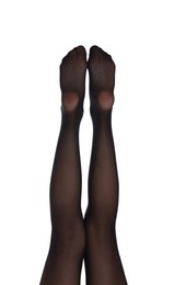 Photo of Woman with beautiful long legs wearing black tights on white background, closeup