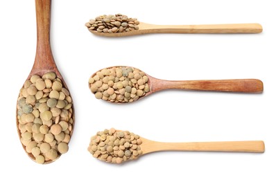 Image of Raw lentils in spoons on white background, top view