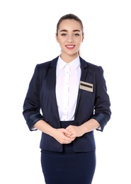 Portrait of female receptionist on white background