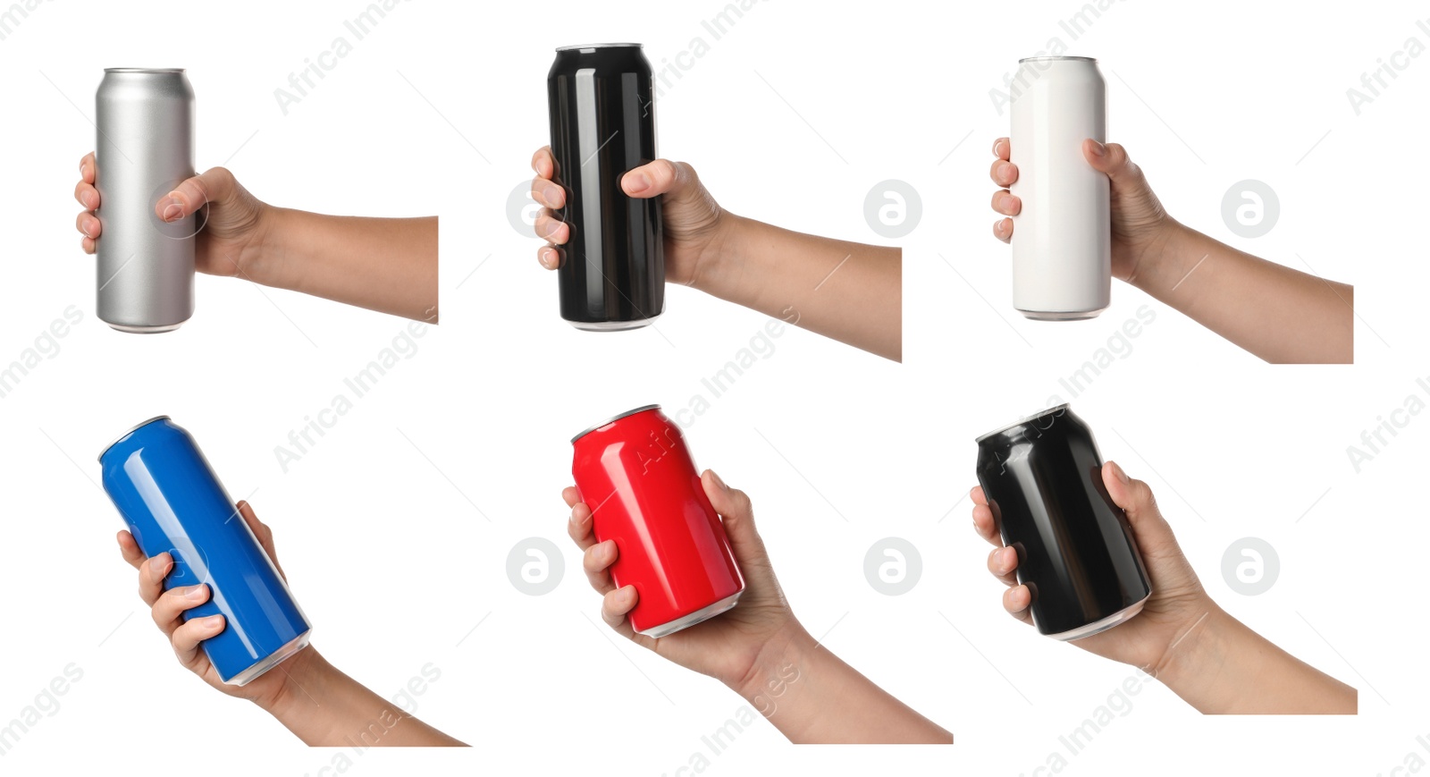 Image of Collage with photos of women holding different cans with beverages on white background, closeup. Banner design