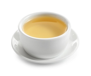 Cup of freshly brewed oolong tea on white background
