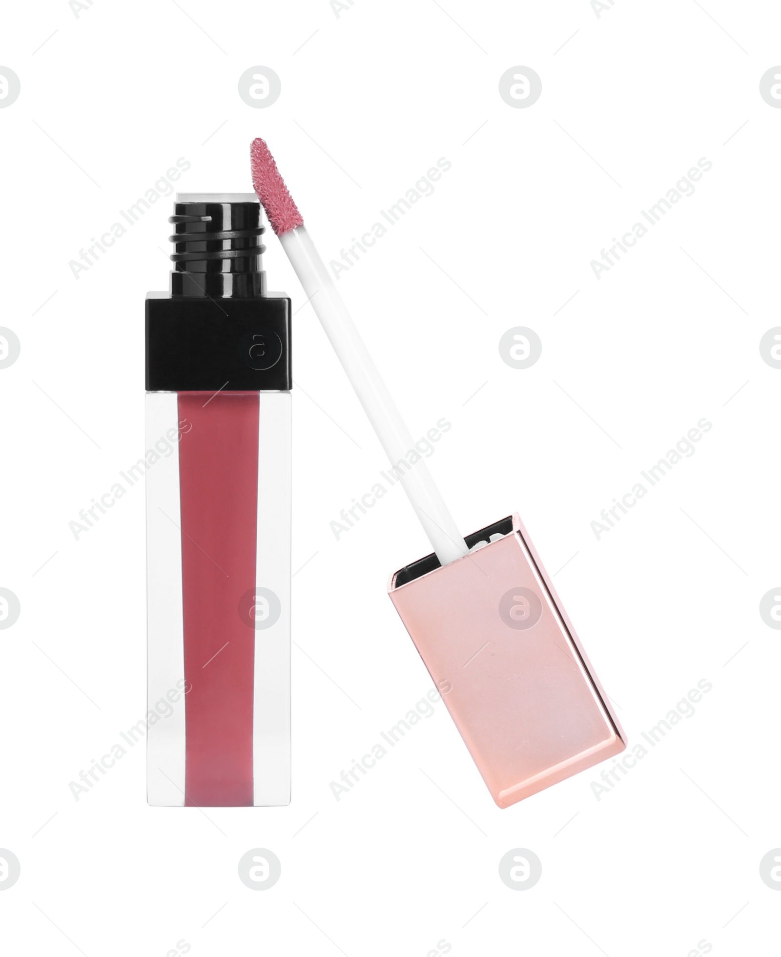 Photo of Lip gloss and applicator isolated on white. Cosmetic product