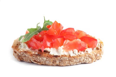 Photo of Delicious tomato bruschetta on white background. Traditional Italian antipasto