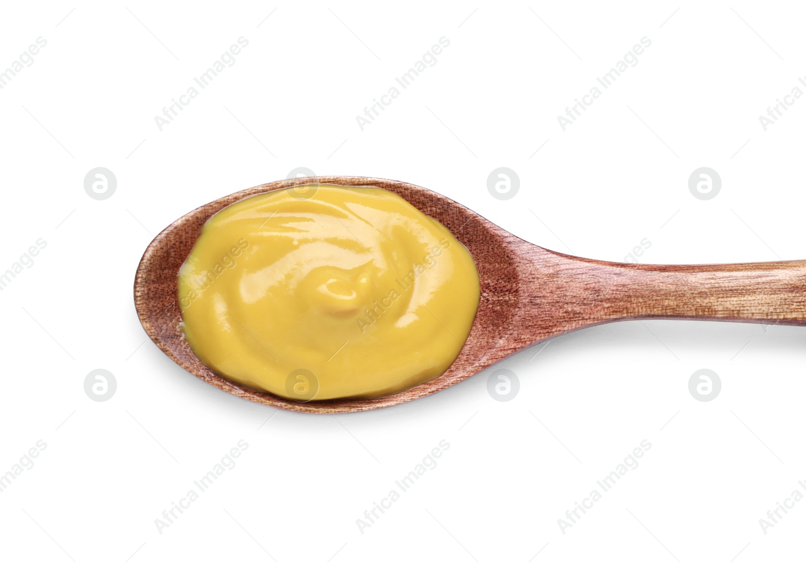 Photo of Wooden spoon with delicious mustard on white background, top view