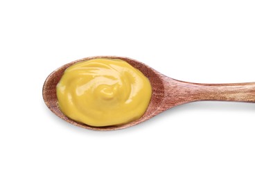 Photo of Wooden spoon with delicious mustard on white background, top view