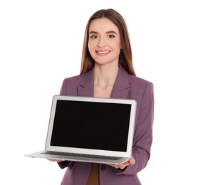 Photo of Portrait of beautiful woman with laptop on white background, space for design