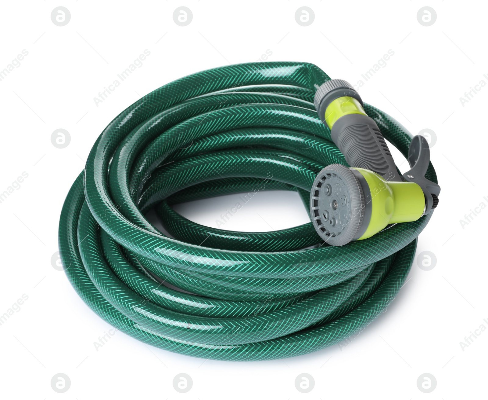 Photo of Green rubber watering hose with nozzle isolated on white