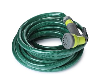 Photo of Green rubber watering hose with nozzle isolated on white