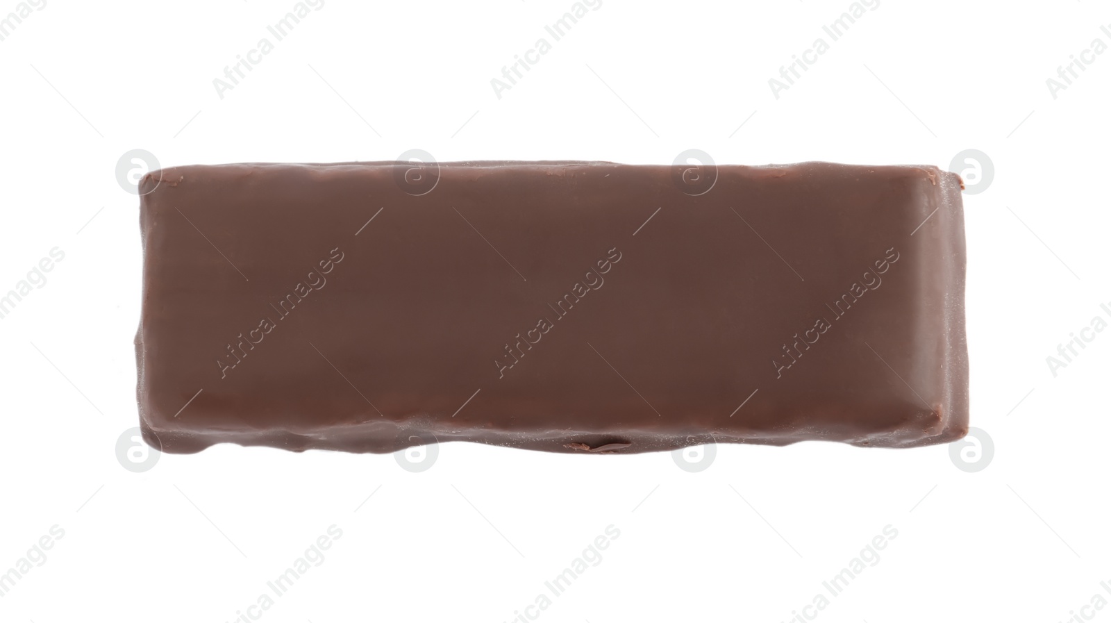 Photo of Tasty chocolate glazed protein bar isolated on white, top view. Healthy snack