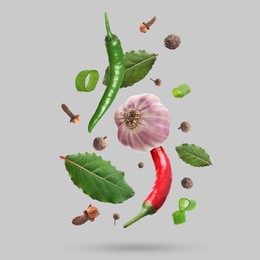 Image of Different spices falling on light grey background